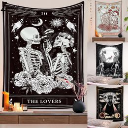 Tapestries Print Skull Couple Wedding Tapestry Tarot Card Star Moon Psychedelic Divination Bohemian Wall Cloth Skeleton Rose Flower Blanket 230418