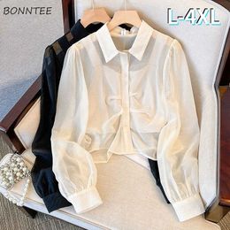 Sunscreen clothing L-4XL Shirts Women Sheer Sexy Thin Office Lady Spring Breathable Temper Chic Designed Korean Fashion Clothing Crop Sunscreen New P230418