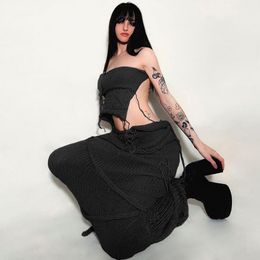 Two Piece Dress Goth Dark Women Gothic Sexy Crochet Long Skirts Suits Y2k Punk Backless Tube Top Grunge Style Split Pencil Skirt Sets 230418