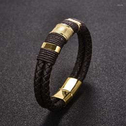 Charm Bracelets Fashion Multilayer Brown Genuine Leather Men Bracelet Stone Bead Stainless Steel Jewelry Male Wrist Bangle Gift