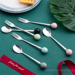 Dinnerware Sets Round Colourful Ceramic Handle Spoons Fine Polished Kitchen Gadgets Macaroon Colour Spoon Heat Insulation Household