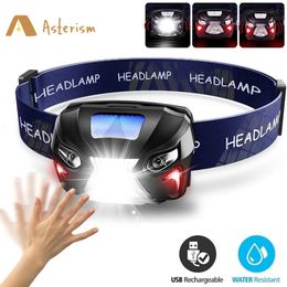 Headlamps 8mode full power headlights body motion sensor USB charging LED camping flashlights 231117