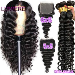 Hair pieces 38 40 Inch Loose Deep Wave Human Bundles With 4X4 5x5 6x6 HD Lace Closure Brazilian Weave Frontal 230417