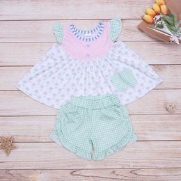 Sets 1-8T Summer Girl Set Clothes Short Sleeve White Top Green Shorts Suit Two-piece Outfit With Floral Printing Pure Cotton Clothing P230418