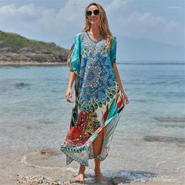 Women's Swimwear Summer Women Beach Cover Up Printing Boho Plus Size Kaftan Dress V-neck Holiday Maxi Tunics Swim Suit Wear