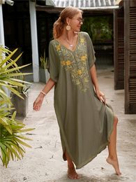 Women's Swimwear EDOLYNSA Casual Leoparad V-neck Short Sleeve Button Maxi Dress Tunic Women Summer Clothing Beach Wear Swim Suit Cover Up Q1505 230417