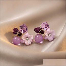 Stud Purple Crystal Flower Stud Earrings For Woman Fashion Jewellery Wedding Party Girl Elegance Set Accessories Drop Delivery Dhgarden Otbbp