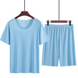 Men's Sleepwear Summer Thin Men's Pajamas Suit Home Wear Seamless Short Sleeve Shorts Sleepwear Sets for Men Crew Neck Casual Summer Clothing 230418