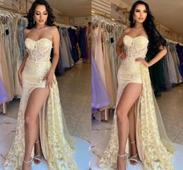 Dubai Arabic African Yellow Mermaid Prom Dresses Long for Women Black Girls Sweetheart Lace Applique High Side Split Formal Dress Evening Party Birthday Gowns