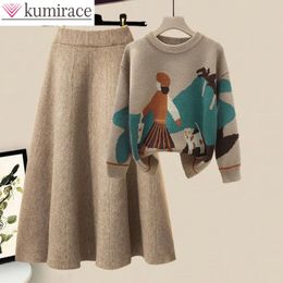 Two Piece Dress Winter Cartoon Printed Knitted Sweater with Drawn Slim Fit Skirt Elegant Womens Party Dresses 231118