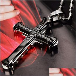 Pendant Necklaces New Male Crystal Cross Jesus Pendant Gold/Black/Blue Color Zirconia Necklace Stainless Steel Jewelry Drop Dhgarden Ot1B0