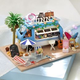 Doll House Accessories DIY Mini Car Ocean Shop Casa Wooden Doll House Miniature Building Kits Dollhouse With Furniture Lights Toys for Girls Gifts 230417