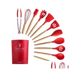 Cooking Utensils Creative Sile Cooking Utensils Set Non-Stick Spata Shovel Wooden Handle Tools With Storage Box Kitchen Tool Accessori Dhmu8