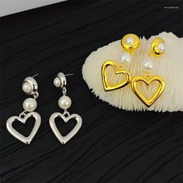 Dangle Earrings Korean Retro Gold Silver Color Hollow Love Heart Drop Romantic Freshwater Pearl For Women Jewelry Gifts