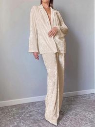 Women's Sleepwear Hiloc Velvet Long Sleeve Women Sets Lapel Nightwear Pajamas Knitting Trouser Suits Single Breasted Home Suit 231117