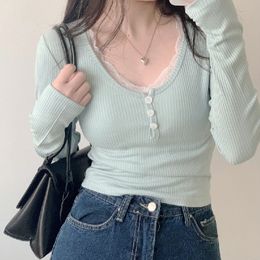 Women's T-Shirt Y2K Lace Trim Patchwork Button Knitted Crop Top Cute Long Sleeve V Neck T-Shirt Korean Chic Harajuku Pullovers Autumn Winter 230418