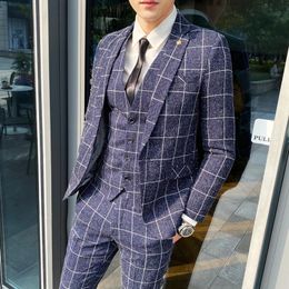 Men's Suits Blazers Blazer Vest Pants Stripe Plaid Mens Formal Business Office Suit Groom Wedding Dress Party Stage Host Men Korean Slim Suit Tuxedo 231117
