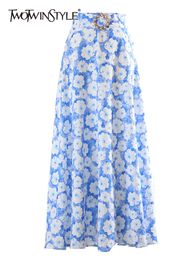 Skirts TWOTWINSTYLE Blue Print Floral Maxi Skirt For Women High Waist Patchwork Diamond Vintage Skirts Female Spring Fashion Style 230418