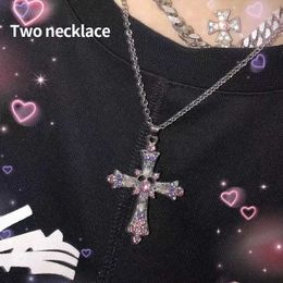 Collane con ciondolo New Gothic Pink Zircon Cross Collana Nightclub Hot Girl Fashion Retro ciondolo HipHop Z0417