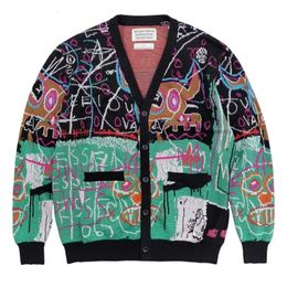 Men s Sweaters Korean japanese style V Neck Knitted Cardigan Men Women Hip Hop Full Graffiti Colour Matching WACKO MARIA Sweater Coat With Tag 231117