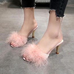 Slippers Summer 2023 women's shoes feather thin high heels fur slippers leather toes mules women's pump slippers large-sized shoes 231118