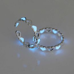 Band Rings 1Pc Couple Luminous Finger Rings For Women Men Hollowedout Heart Shape Open Glowing In Dark Ring Adjustable Ring Jewellery Gifts AA230417