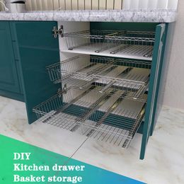 Storage Drawers DIY Cupboard Basket Kitchen Shelf Organiser Sliding Cabinet Pull Out Stainlesssteel Type Mesh Baske 230418