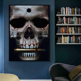 Wall Art Canvas Painting Abstract Black Skull with Bullet Modern Posters and Prints Wall Picture for Living Room Home Decoration