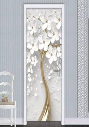 2020 S-adhesive Door Sticker 3D White Flowers Tree Wall Mural Wallpaper Waterproof Living Room Bedroom Door Stickers Home Deco8199779