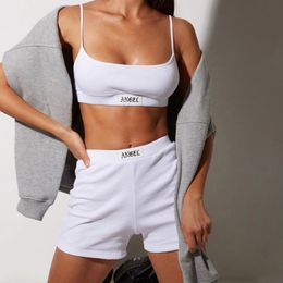 Women's Two Piece Pants 2 Pieces Suit Set Female Letter Print U-Neck Sleeveless Spaghetti Strap Crop Tops Short Pants for Summer S/M/L 230418