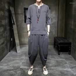 Ethnic Clothing Japanese Style Suits Linen Short-Sleeved T-shirt Pants Two Piece Men Tops Trousers Male Japan Harajuku Yukata Cardigan