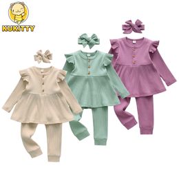 Clothing Sets Toddler Kids Baby Clothes Girls Set Solid Color Ruffles Long Sleeves T-shirt Legging Pants Hairband Casual Children Outfits P230418