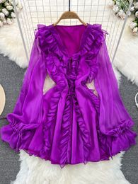 Casual Dresses Spring Autumn Women Purple/Yellow/White Chiffon Dress Vintage V-Neck Flare Long Sleeve Vacation Beach Vestidos Femme New Fashion 2024