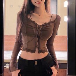 Women's T Shirts Korean Fashion Hollow Lace-up Casual Long-sleeved Shirt Women 2023 Summer Sexy Slim Solid Color Mesh Crop Tops