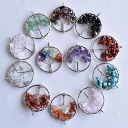 Wholesale 12pcs/lot mixed natural stone Tree of life handmade wire Colour wire wrapped Pendants 30mm for Jewellery marking free Fashion JewelryPendants wire wrapped