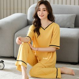 Women's Sleepwear Summer Knitted Cotton Elegant Pajamas Set Women Pyjamas Polka Dots Sleepwear Nightwear Pijama Mujer Plus Size Calf-Length Pants 230418