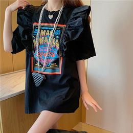 Women's T-Shirt Summer Cotton Loose 4XL Cute Splitted Ruffles Vintage Letter Print T Shirts for Woman Girls Kawaii Y2k Tops Harajuku Black White 230418