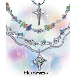 Pendant Necklaces Colourful Resin Stone Irregular Alien Star Pendant Double Layer Stack Necklace for Women Trend Punk Y2K Jewellery HUANZHI 2023 NEW Z0417