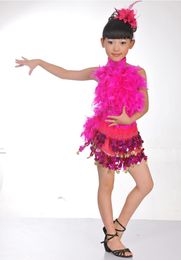 Stage Wear Kids Baby Child Girls Sequin Feather Latin Dance Dress Set For Girl Dancing Clothes