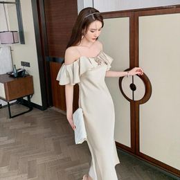 Casual Dresses Champagne Dress Vintage Women's Clothing For Summer 2023 Strap Falbala Midi