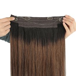 Hair Wefts Straight Fish Line Human Extension Invisible Golden Blonde Balayage Wire Extensions Remy Fishing with 4 Clips 230417