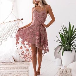 Casual Dresses 2023 Summer Girl Short Front Long Back Flower Embroidery Dress V-Neck Elegant Pink Lace Women Party