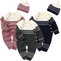 Rompers Baby Rompers Knitted Print Pattern born Boy Girl Jumpsuits Cap Outfit Set Autumn Winter Toddler Infant Overall Clothes 230418