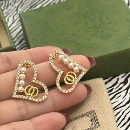 Luxury Pearl Earrings Designer Womens Gold Heart Rhinestone Stud Earrings Best Gift for Girlfriend and Wife Wedding Party Jewelry