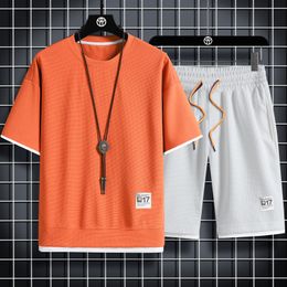 Men's Tracksuits Summer Mens Set Linen Fabric Solid Colour T-Shirt and Shorts Two Piece Set Men Sports Suit Fashion Breathable Tracksuit 230418