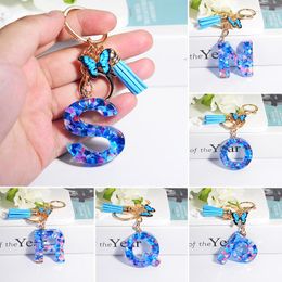 Keychains Resin A-Z Letter Keychain Women Blue Sequin Alphabet Key Ring Chains With Tassel Cute Pendant Chain Rings Charm Bag