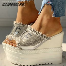 Slippers Shoes for Women Sandals Summer Crystals Leisure Platform Wedges High Heels Mules Slippers Outside Round Head White Footwear 230418