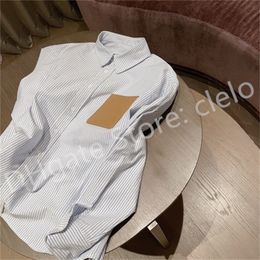 Fashion PU Leather Label Striped Shirt with Logo Pure Cotton Lapel Casual Long Sleeve for Women White Blue SML