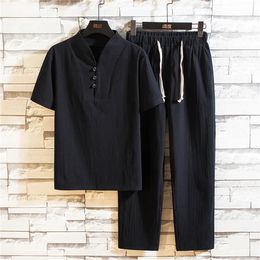 Men's Tracksuits Linen Cotton T-shirt Men's Set Chinese Style Short Sleeve Sportswear Pants 2 Piece Sets Men Tracksuit Solid Tang Su 230418