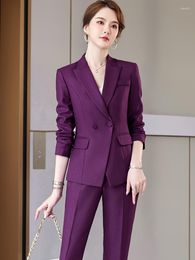 Women's Two Piece Pants Fashion Women's Suit And Set Formal Long Sleeve Business Office Spring Autumn Black Green Purple Blue